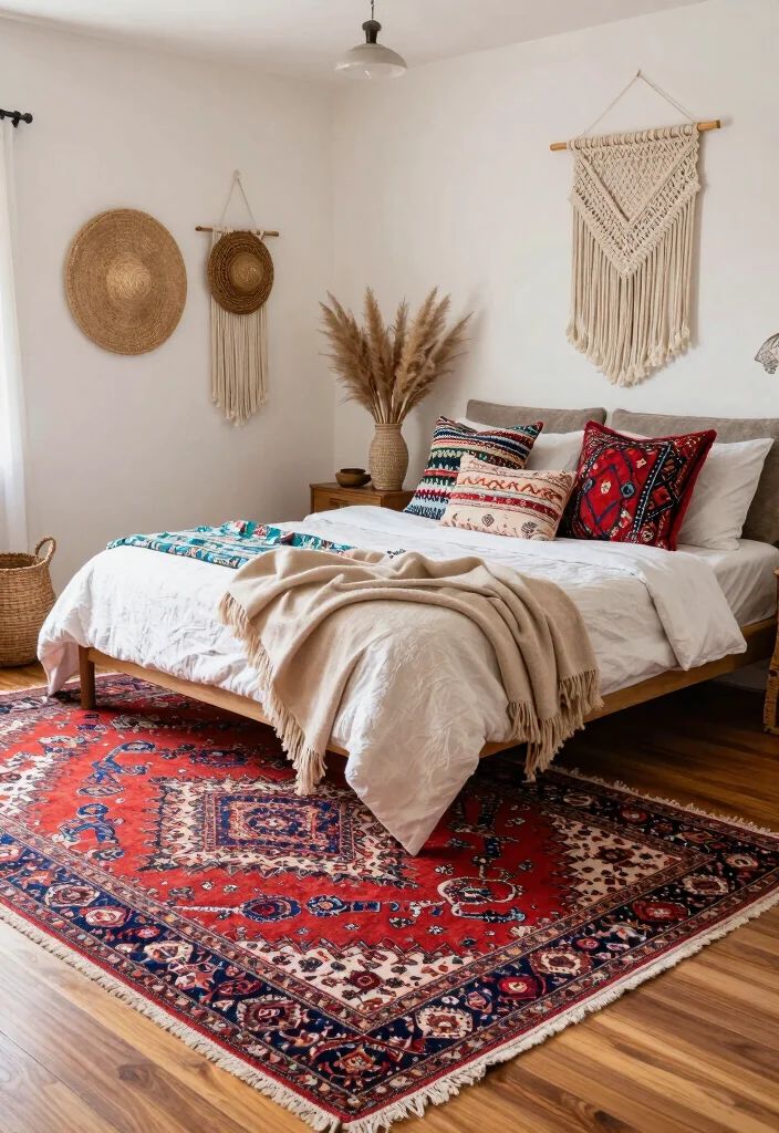 17 Red Persian Rug Bedroom Ideas With Rich Cozy Vibes - 8. Boho-Chic Accessories 1