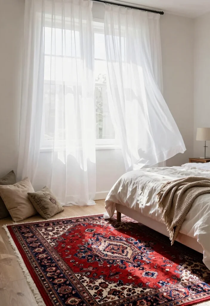 17 Red Persian Rug Bedroom Ideas With Rich Cozy Vibes - 9. Maximum Light with Sheer Curtains 1