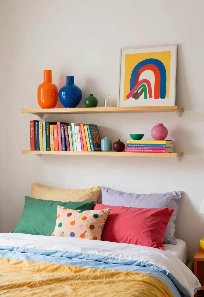 18 Bedroom Shelf Decor Above Bed Ideas That Look Styled - 14. Colorful Accents 1