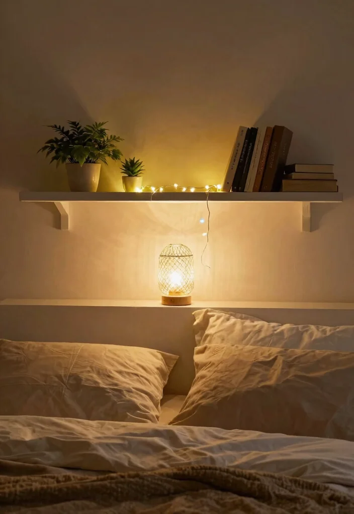18 Bedroom Shelf Decor Above Bed Ideas That Look Styled - 15. Layered Lighting 1