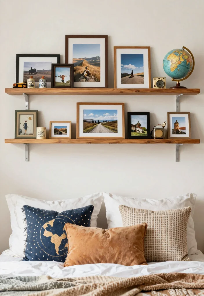 18 Bedroom Shelf Decor Above Bed Ideas That Look Styled - 9. Travel Memories 1