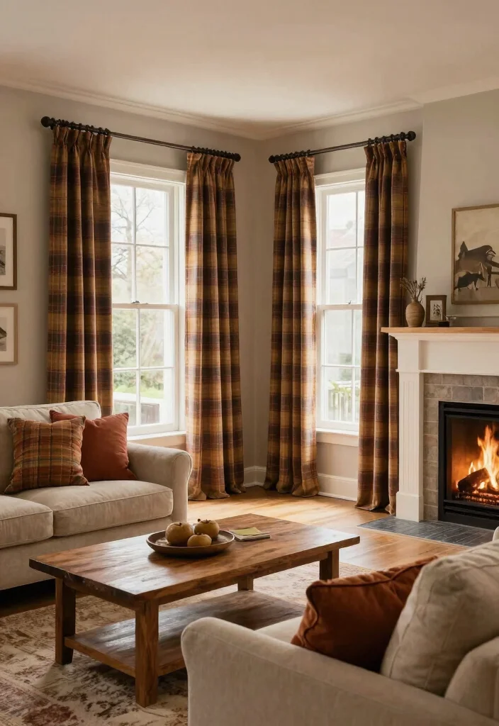 18 Curtains for French Doors Living Room Ideas With Elegant Flow - 13. Cozy Cabin Vibes with Plaid Curtains 1