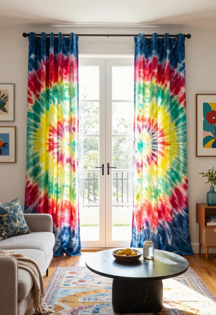 18 Curtains for French Doors Living Room Ideas With Elegant Flow - 14. Artistic Tie-dye Curtains 1