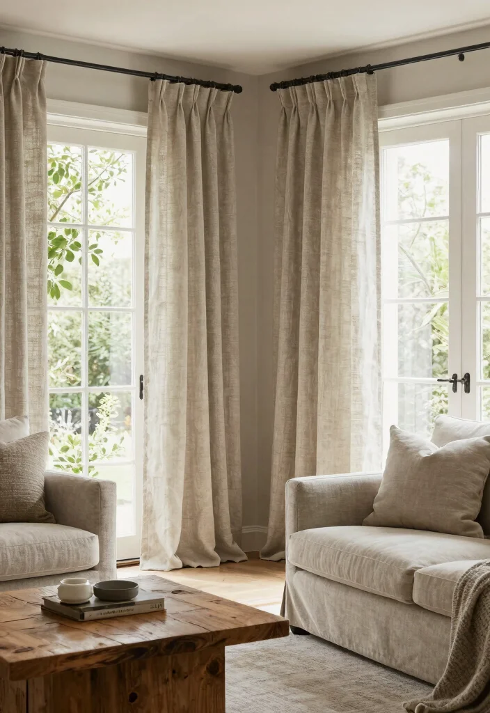 18 Curtains for French Doors Living Room Ideas With Elegant Flow - 15. Textured Linen Curtains 1