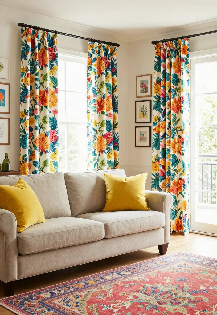 18 Curtains for French Doors Living Room Ideas With Elegant Flow - 3. Playful Patterned Curtains 1