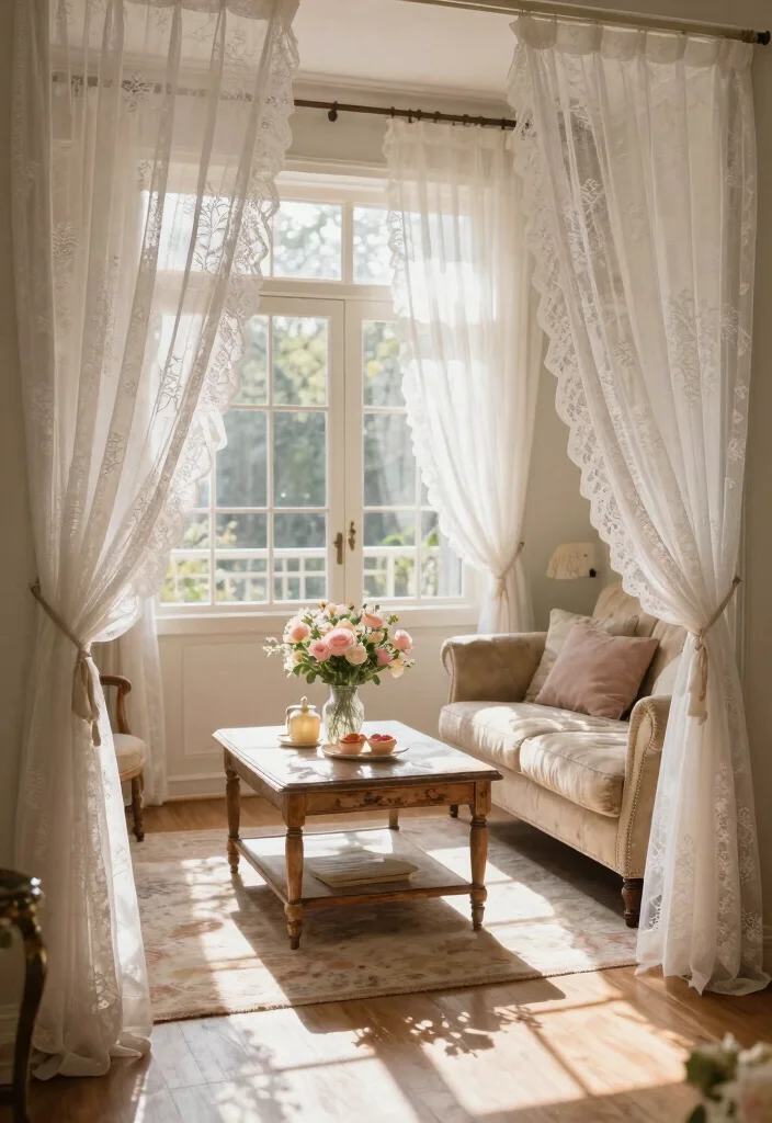 18 Curtains for French Doors Living Room Ideas With Elegant Flow - 5. Romantic Lace Curtains 1