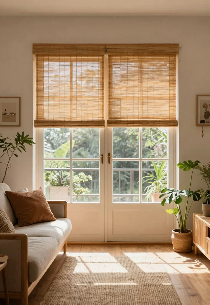 18 Curtains for French Doors Living Room Ideas With Elegant Flow - 8. Natural Elements with Bamboo Shades 1