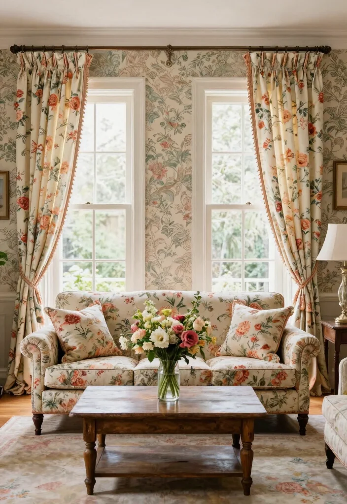 18 Curtains for French Doors Living Room Ideas With Elegant Flow - 9. Vintage Charm with Floral Prints 1