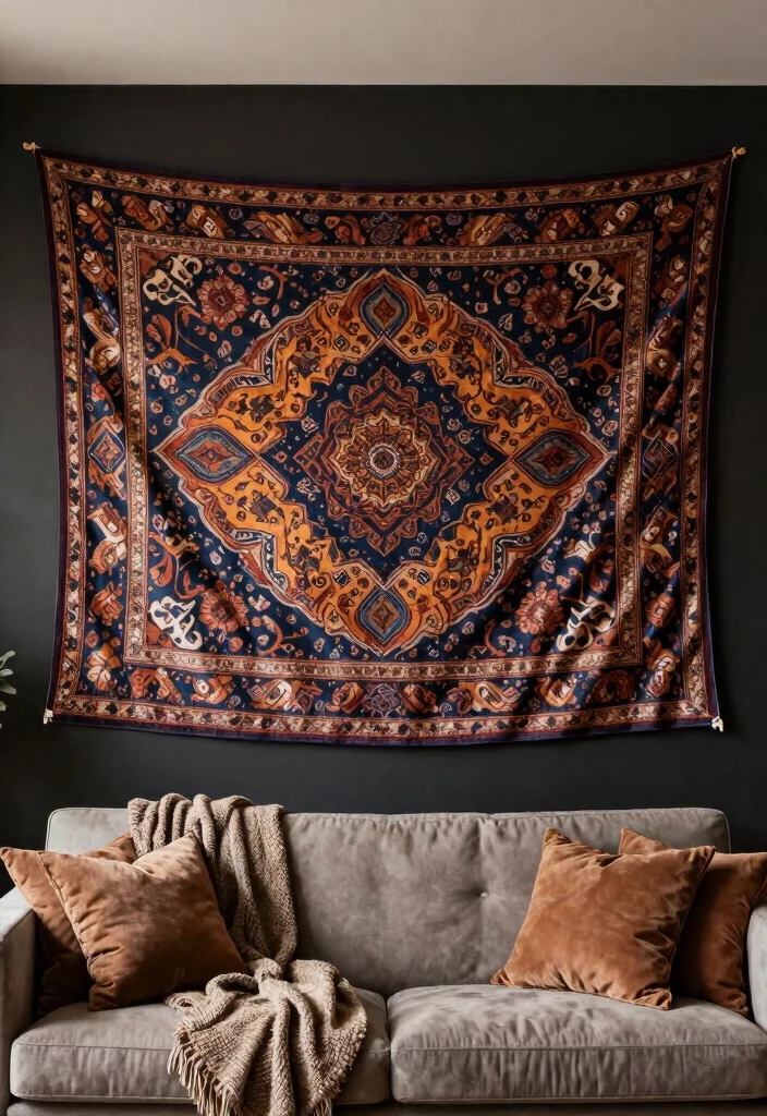 18 Dark Wall Art Ideas With Bold Moody Energy - 10. Artistic Tapestries 1