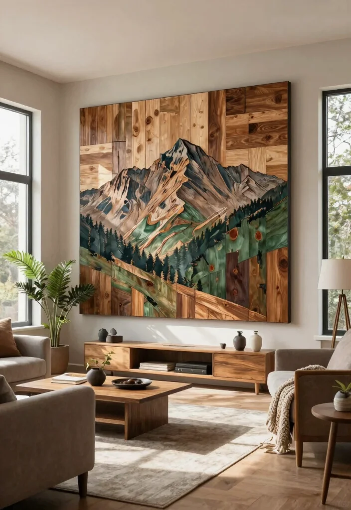 18 Large Wood Wall Art Ideas With Natural Statement Style - 1. Oversized Mountain Scene 1