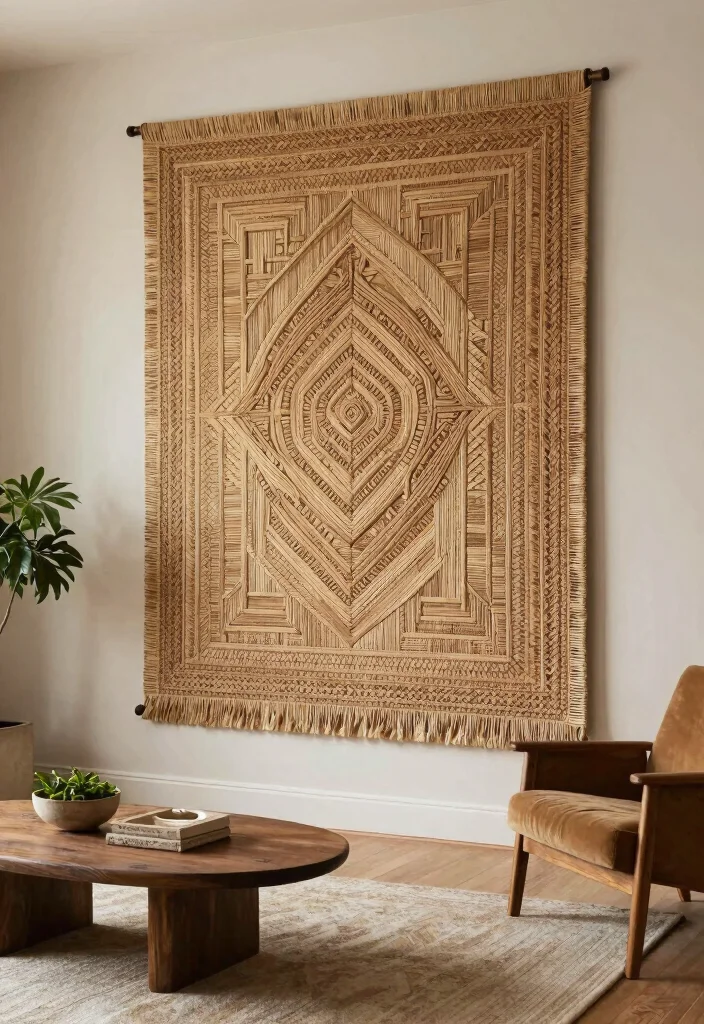 18 Large Wood Wall Art Ideas With Natural Statement Style - 12. Woven Wood Wall Tapestry 1