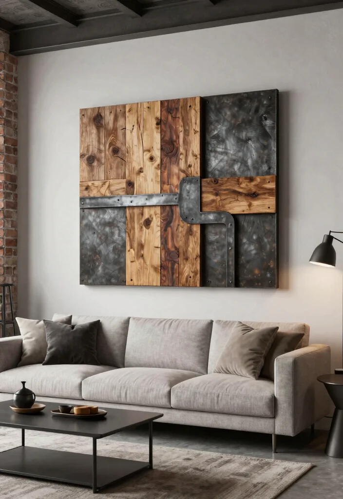 18 Large Wood Wall Art Ideas With Natural Statement Style - 13. Industrial Wood and Metal Artwork 1