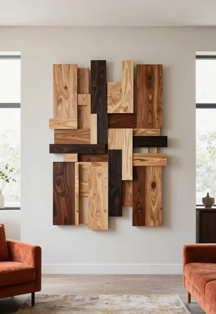 18 Large Wood Wall Art Ideas With Natural Statement Style - 17. Abstract Wood Art Installation 1