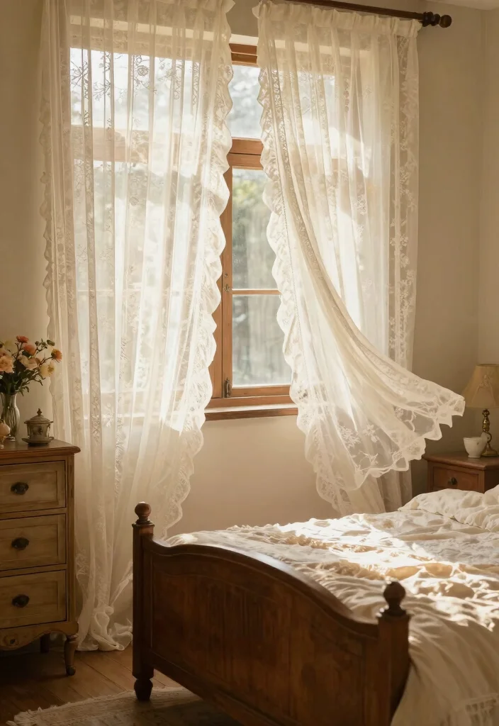 18 Sheer Curtains Bedroom Ideas With Soft Natural Light - 7. Vintage Lace for Romantic Charm 1
