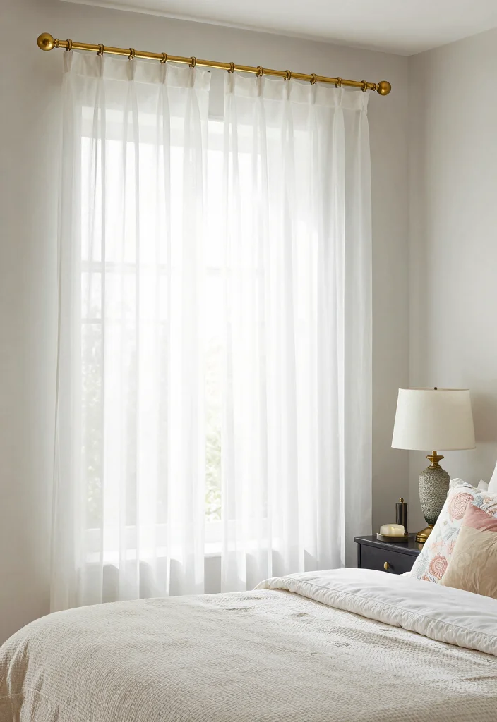 18 Sheer Curtains Bedroom Ideas With Soft Natural Light - 8. Sheer Drapes with Unique Hardware 1