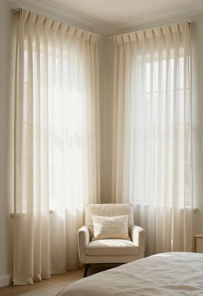 18 Sheer Curtains Bedroom Ideas With Soft Natural Light - 9. Sheer Window Treatments for Corner Windows 1
