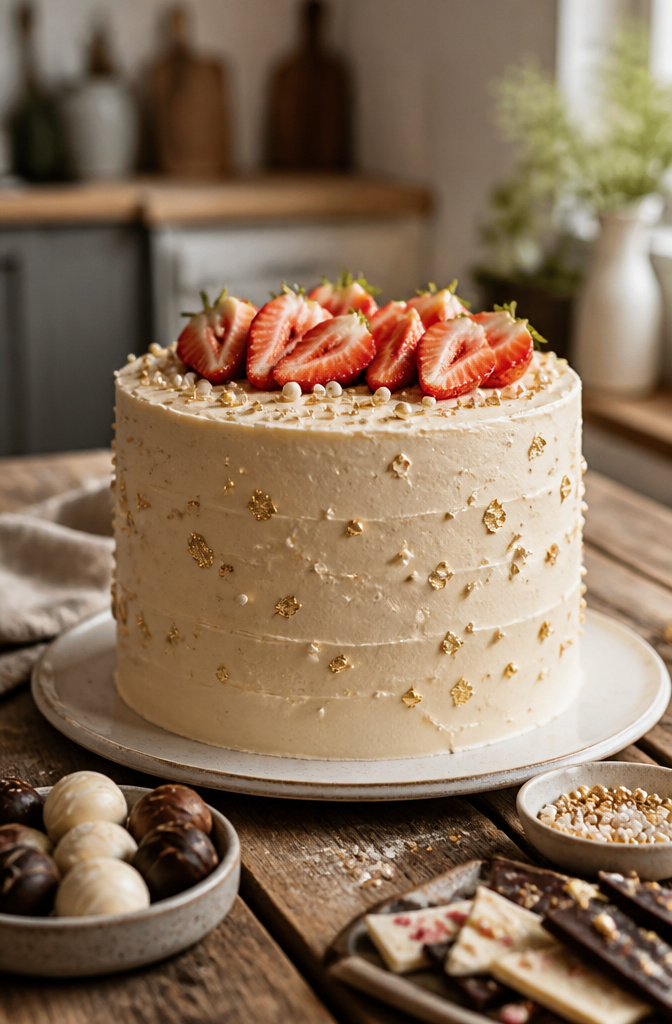 Buttercream Cake Designs: A Complete Recipe and Decoration Guide 8 A buttercream cake adorned with edible gold flakes and strawberries.