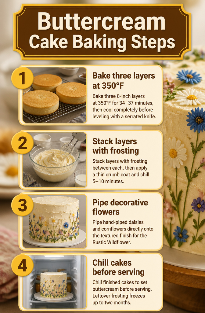 Buttercream Cake Designs: A Complete Recipe and Decoration Guide 3 Baking steps for a buttercream cake with layered cake and frosting.