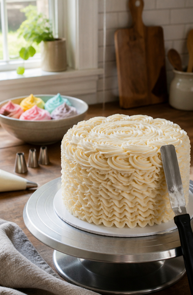 Buttercream Cake Designs: A Complete Recipe and Decoration Guide 4 A frosted round cake with rosettes and ruffles made from buttercream.