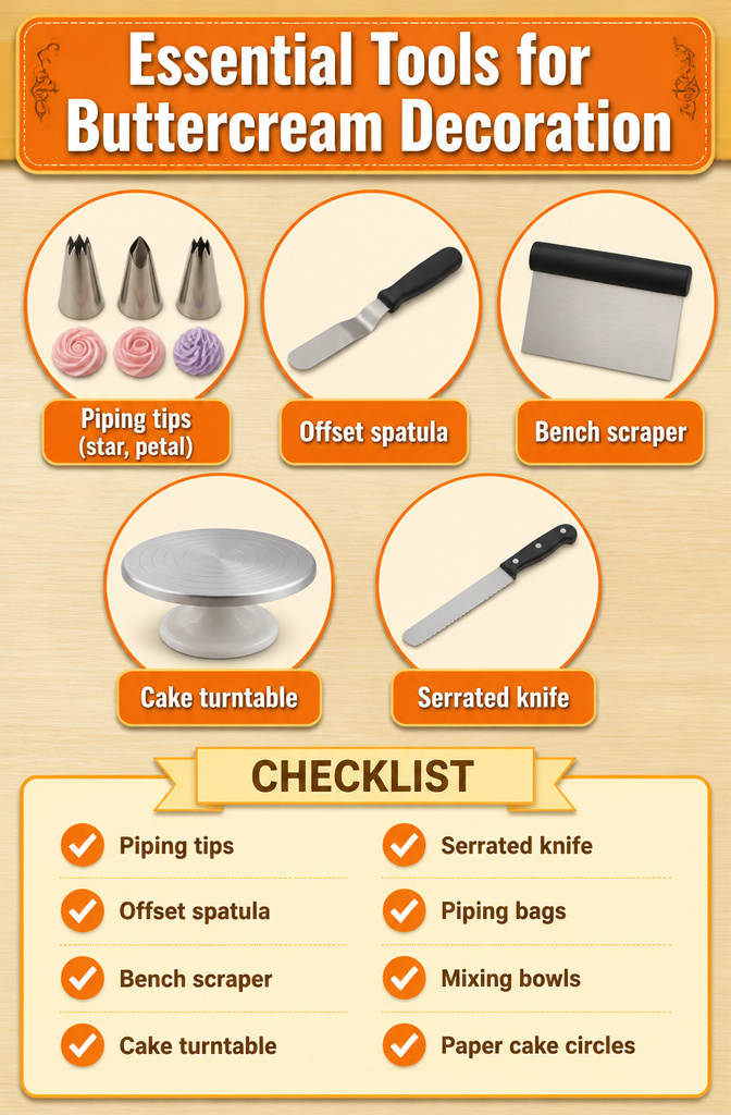 Buttercream Cake Designs: A Complete Recipe and Decoration Guide 7 Baking tools including piping tips and an offset spatula for cake decoration.