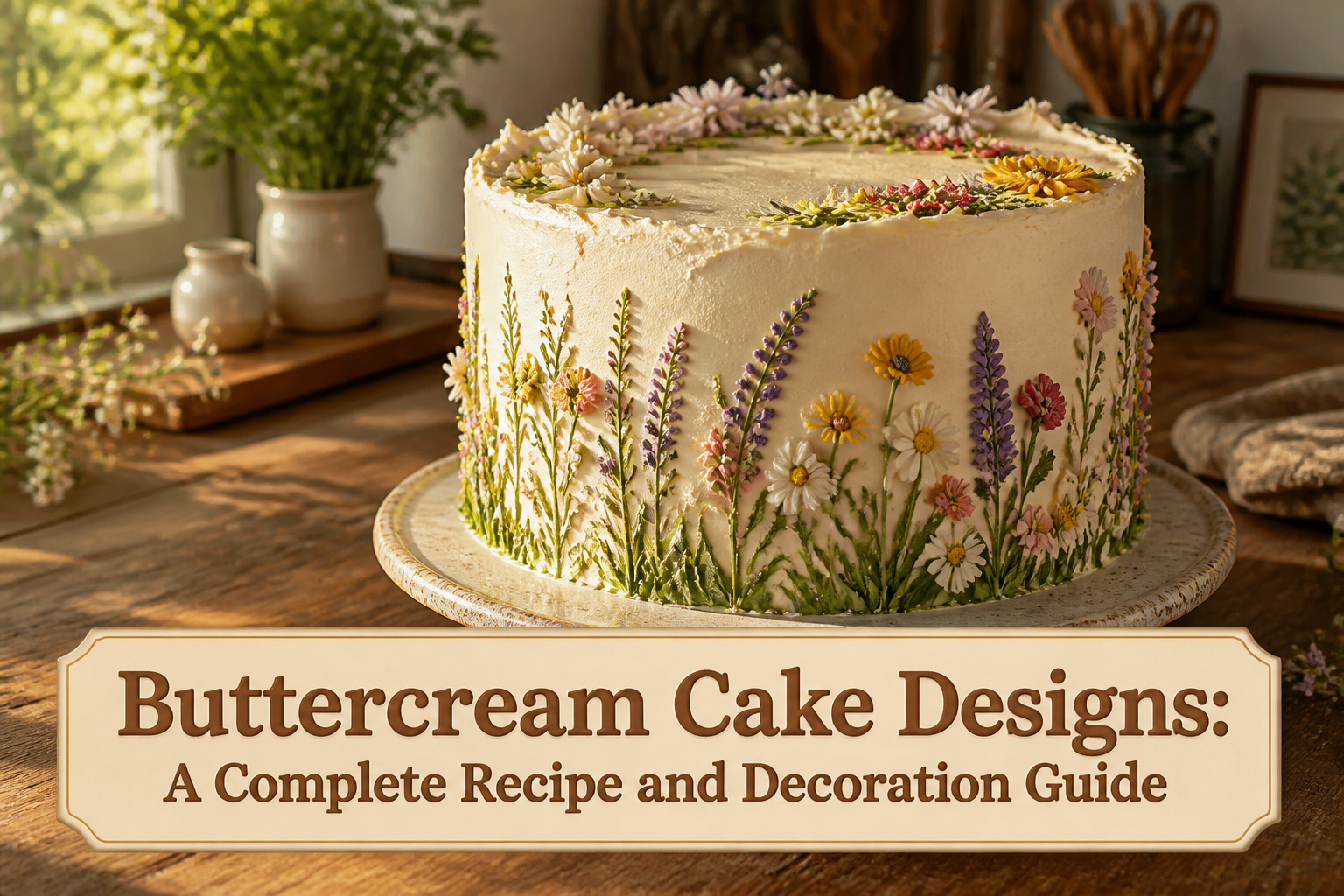 A decorated buttercream cake featuring multiple design styles and colors.