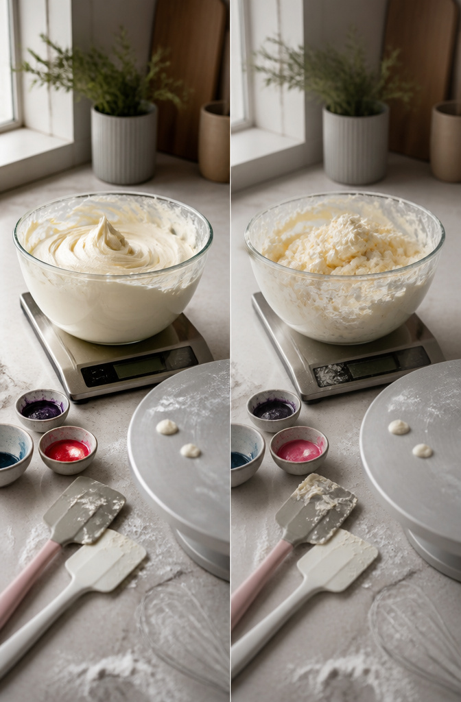 Cake Piping Drawing: 6 Core Sections for Better Buttercream Work 6 Image showing frosting consistency needed for cake piping.