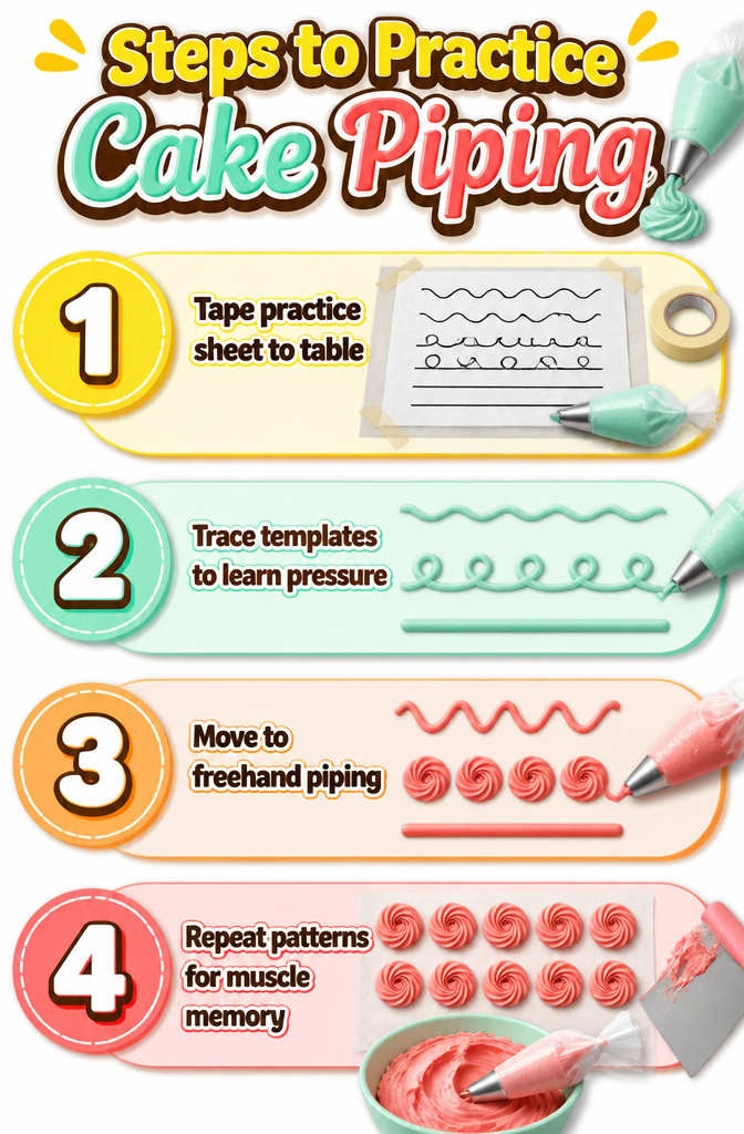 Cake Piping Drawing: 6 Core Sections for Better Buttercream Work 10 Information image detailing steps to practice cake piping.