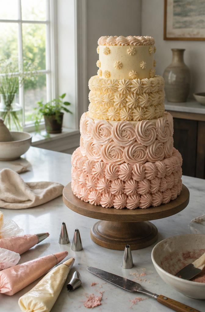 Cake Piping Drawing: 6 Core Sections for Better Buttercream Work 4 Cake with piped buttercream patterns, including shell borders and rosettes.