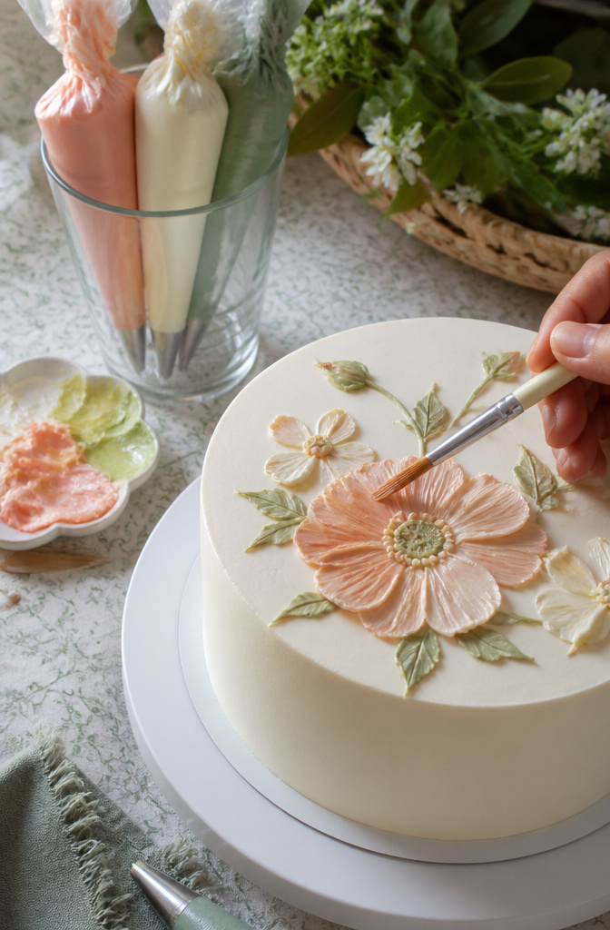 Cake Piping Drawing: 6 Core Sections for Better Buttercream Work 9 Close-up of a cake with piped flowers and brush embroidery technique.