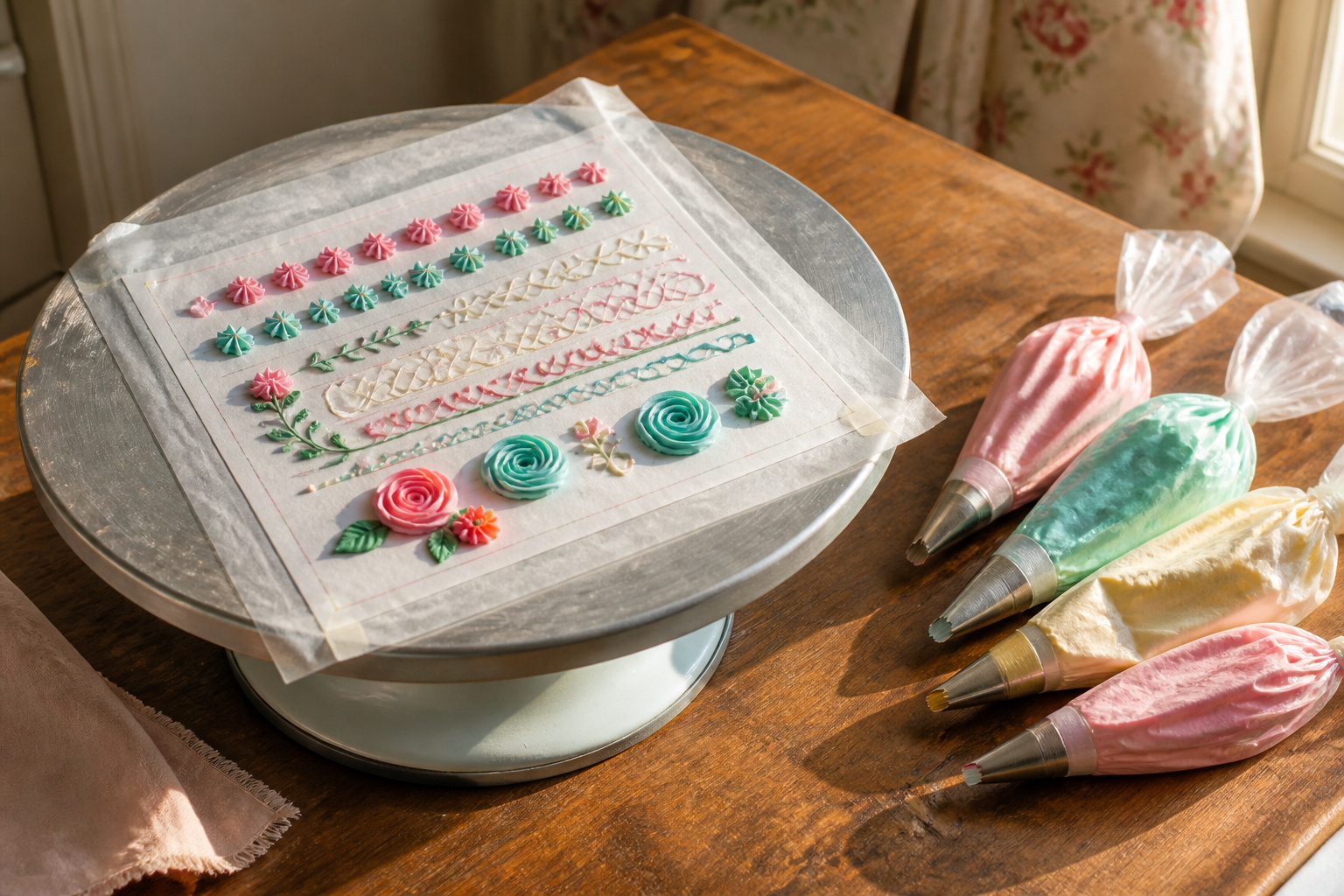 Decorated cake with intricate buttercream designs and piping.
