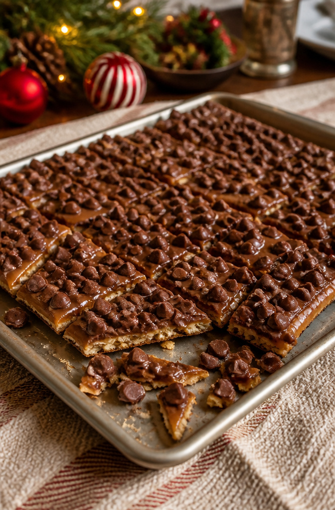 Christmas Treats with Graham Crackers: Crack, Bark, Toffee, Bars and S'mores 6 A baking sheet filled with classic graham cracker toffee, cut into pieces.