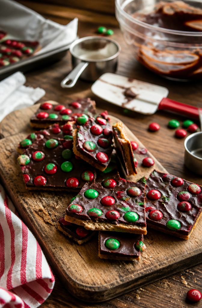 Christmas Treats with Graham Crackers: Crack, Bark, Toffee, Bars and S'mores 5 Pieces of Graham Cracker Bark with dark chocolate and red and green M&M's.