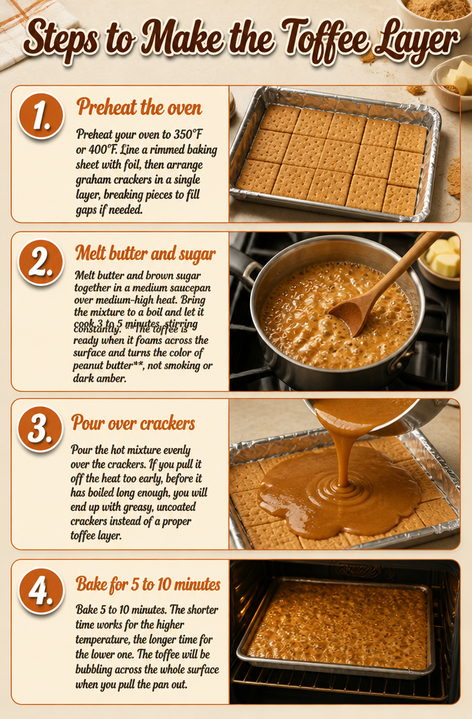 Christmas Treats with Graham Crackers: Crack, Bark, Toffee, Bars and S'mores 8 A visual guide showing steps to prepare the toffee layer for graham crackers.