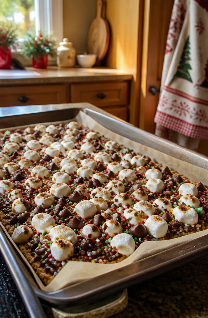 Christmas Treats with Graham Crackers: Crack, Bark, Toffee, Bars and S'mores 3 A colorful sheet of S'mores Christmas Crack with chocolate chips and mini marshmallows.
