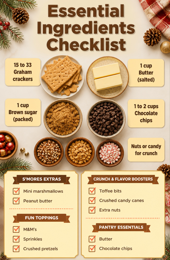 Christmas Treats with Graham Crackers: Crack, Bark, Toffee, Bars and S'mores 7 A checklist of ingredients for making graham cracker treats.