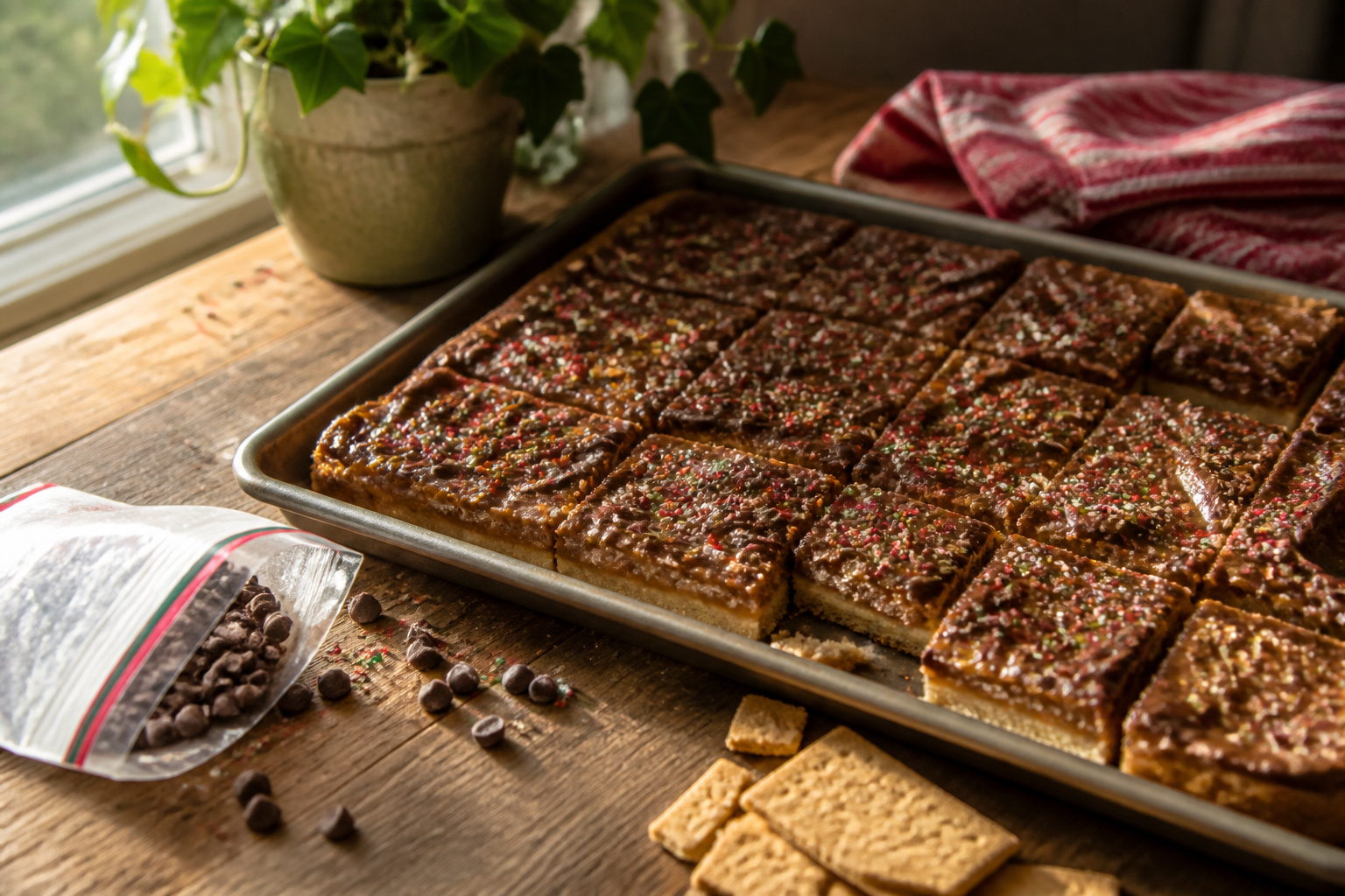 A variety of Christmas treats featuring graham crackers, including bark and toffee.
