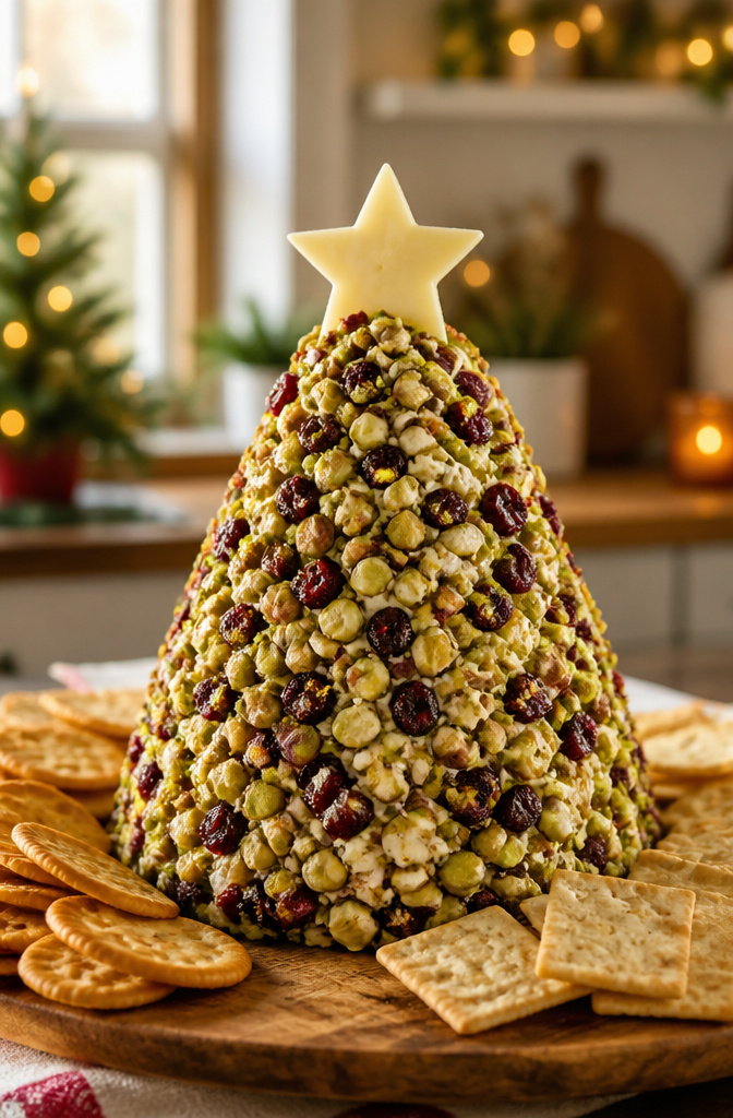 Christmas Tree Cheese: Six Ways to Build, Shape, and Serve 6 A cheese ball shaped like a tree, covered in nuts and cranberries.