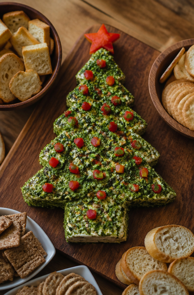 Christmas Tree Cheese: Six Ways to Build, Shape, and Serve 5 A cheese tree coated in basil pesto and topped with red peppers.