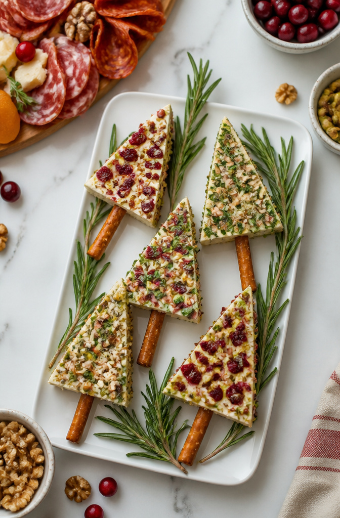 Christmas Tree Cheese: Six Ways to Build, Shape, and Serve 4 Small cheese trees assembled with cheese wedges and pretzel sticks.