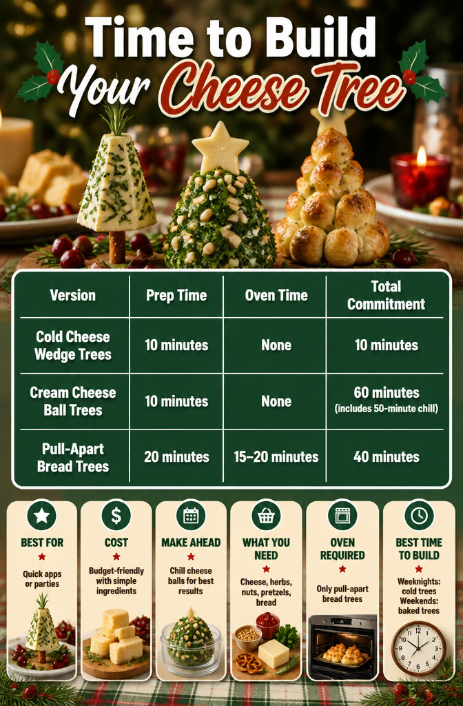 Christmas Tree Cheese: Six Ways to Build, Shape, and Serve 9 Table comparing prep and oven times for cheese tree recipes.