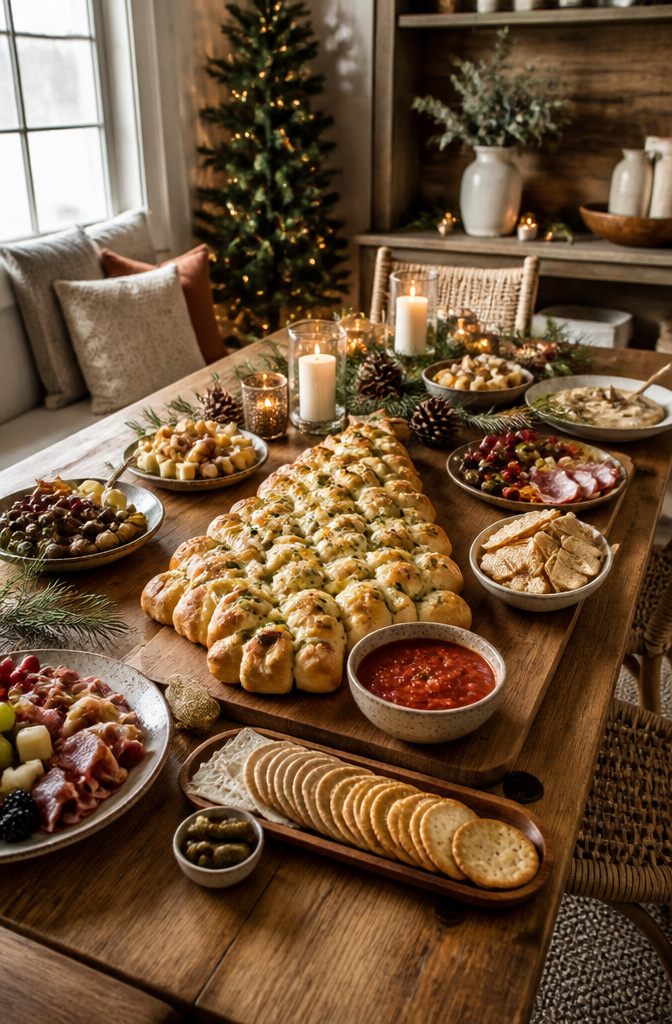 Christmas Tree Cheese: Six Ways to Build, Shape, and Serve 10 A cheese tree with marinara sauce and crackers for serving.