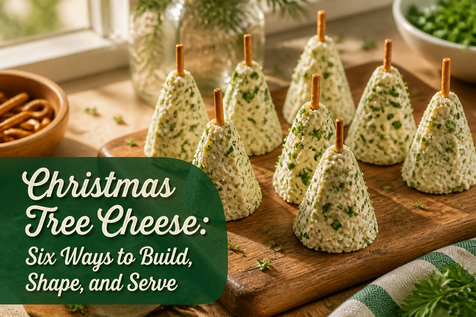 A cheese tree decorated with red peppers and parsley.