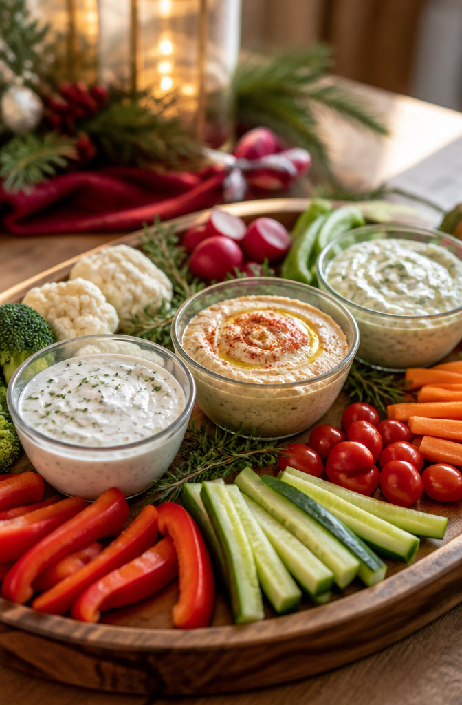 Christmas Veggie Platter Designs for Your Holiday Table 13 Three dips in glass bowls: ranch, hummus, and tzatziki.