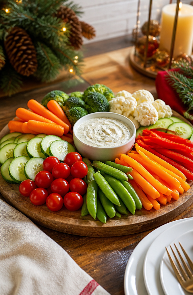 Christmas Veggie Platter Designs for Your Holiday Table 10 A colorful assortment of vegetables arranged in a festive pattern.