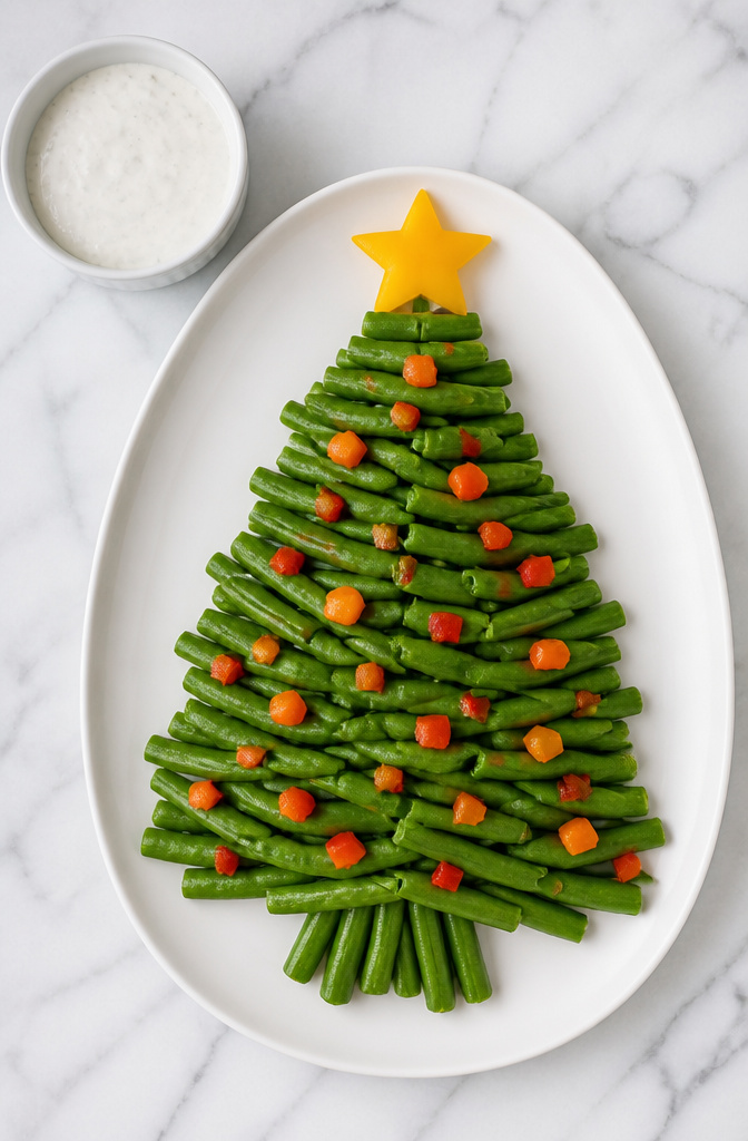 Christmas Veggie Platter Designs for Your Holiday Table 6 Tree shape created with green beans and colorful bell peppers.
