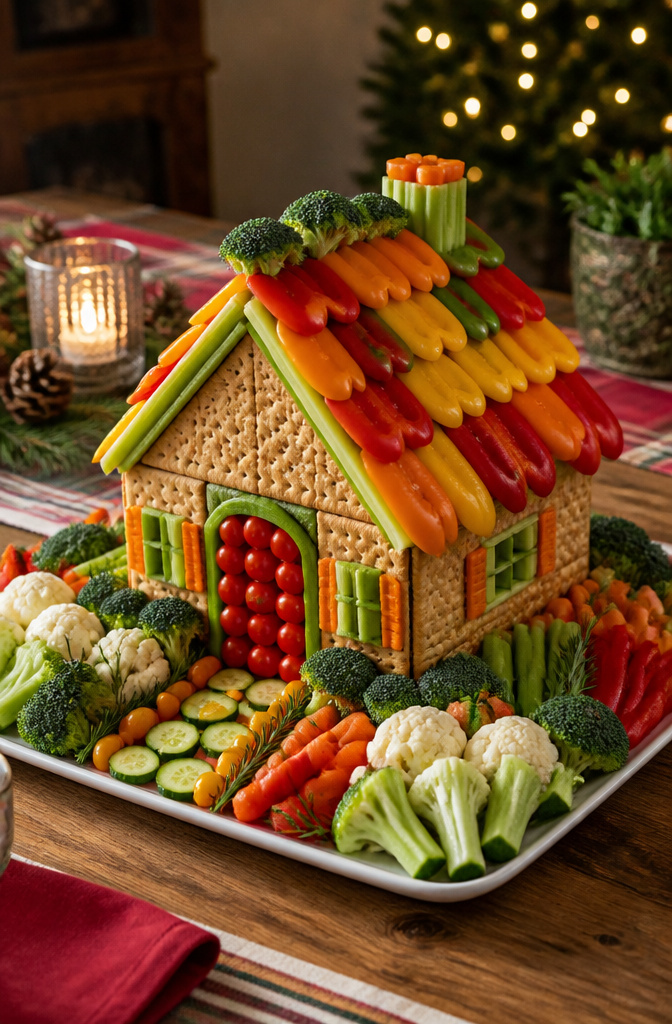 Christmas Veggie Platter Designs for Your Holiday Table 7 A veggie house built from crackers and various vegetables.