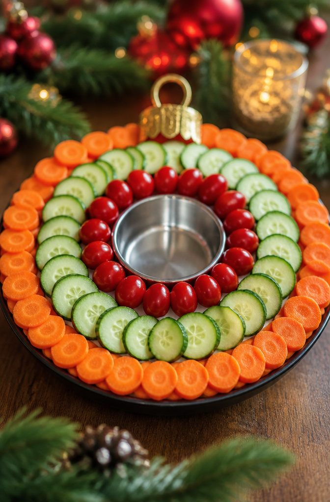 Christmas Veggie Platter Designs for Your Holiday Table 8 Round platter of vegetables arranged in colorful concentric rings.