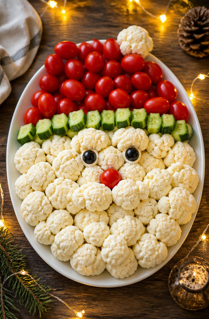 Christmas Veggie Platter Designs for Your Holiday Table 5 Santa face made from cherry tomatoes, cauliflower, and olives.