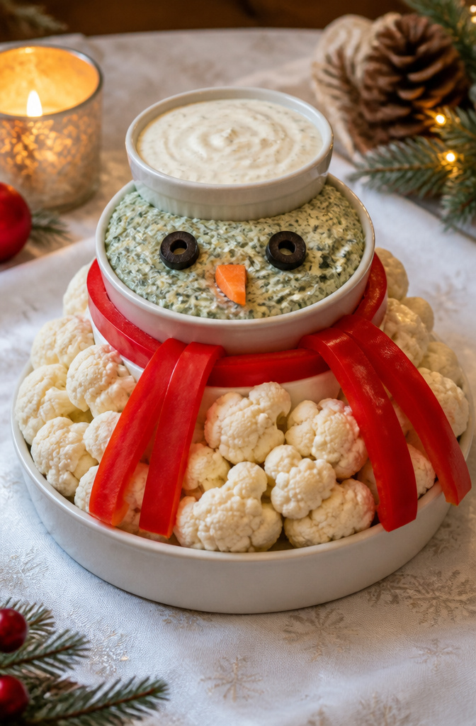 Christmas Veggie Platter Designs for Your Holiday Table 4 Three-tiered snowman made from bowls of dip and vegetables.