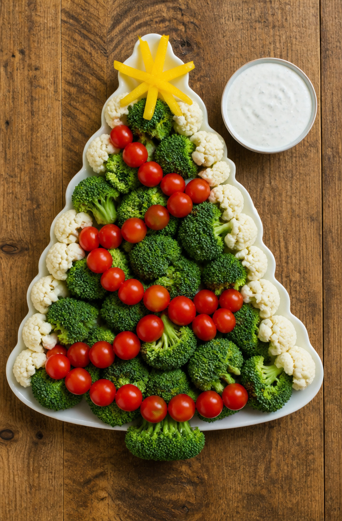 Christmas Veggie Platter Designs for Your Holiday Table 2 Broccoli arranged in a tree shape with cauliflower and grape tomatoes.